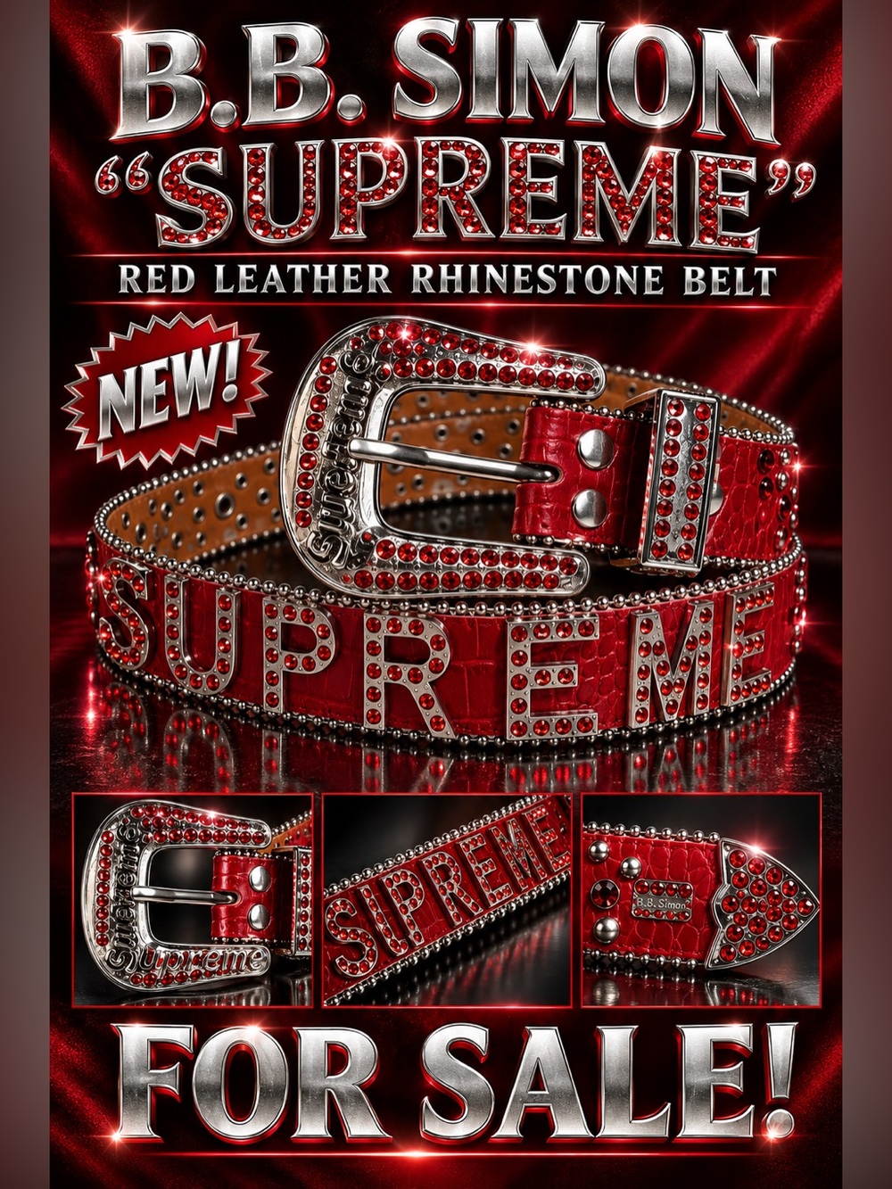 B.B. Simon/Supreme Red Rhinestone Logo Belt with Silver Buckle🔥New! Size: 30-36
